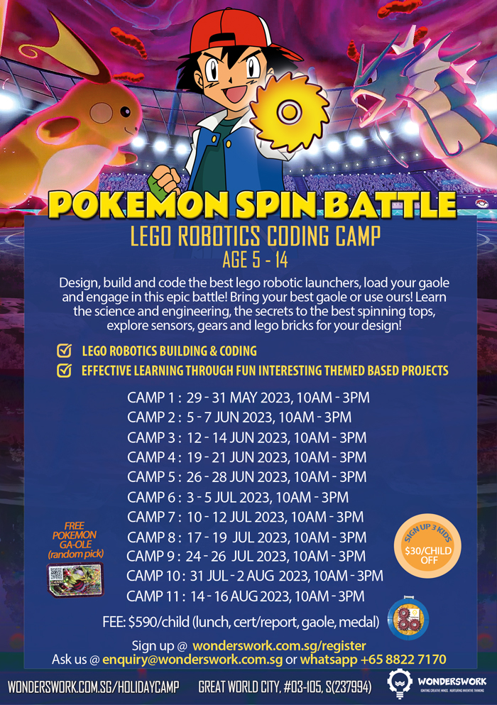 Pokemon Spin Battle Challenge Lego Robotics Coding Technology STEAM School Holiday Summer Camp May to August 2023 for Age 5 to 14 Singapore WondersWork
