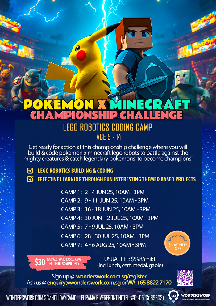 Pokemon X Minecraft Championship Challenge Lego Robotics Coding Technology STEAM School Holiday Summer Camp June July August 2025 for Age 5 to 14